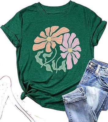 New T-Shirt Green Vintage Floral Shirts Women Boho Wildflowers T-Shirt