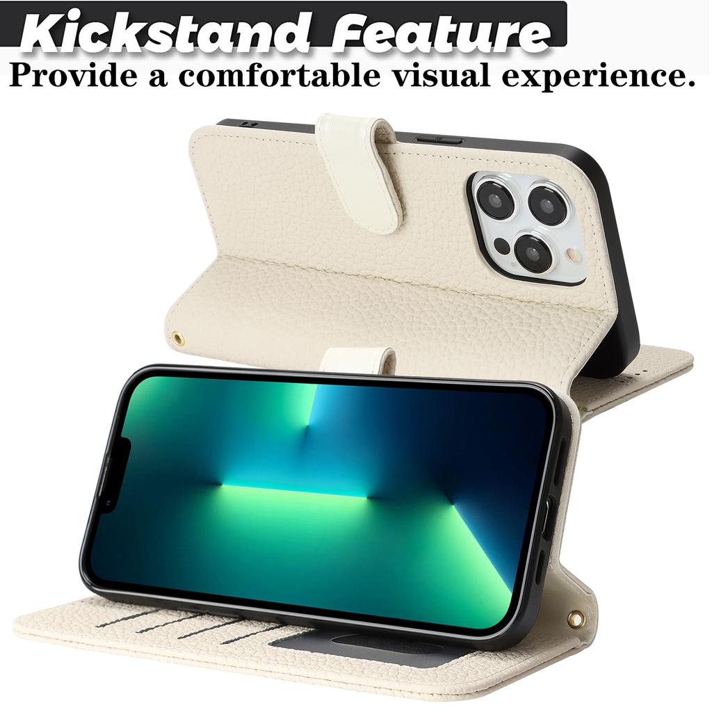 For iPhone 13 Pro Max/12 Pro Max Stand Case Litchi Texture Genuine Cow Leather Wallet Phone Cover RFID Blocking
