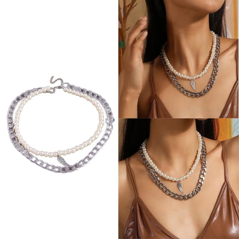 Double Feathers Retro Styles Feathers Necklace Adjustable Chain and Pearls Detail Casual to Formal Wear