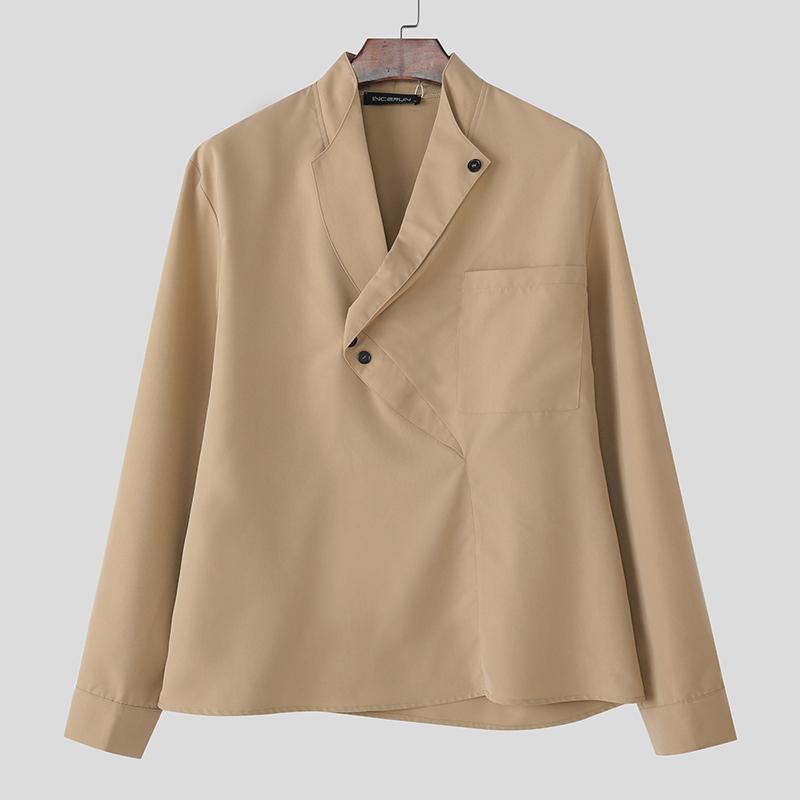 

INCERUN Мужские повседневные рубашки с нерегулярным перекрестом спереди, с длинным рукавом, однотонные 4XL хаки