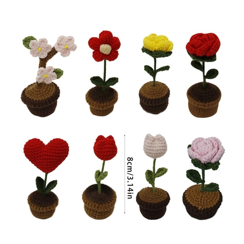 Crochet Heart Shape Flower In Pots Knitted Wool Mini Flower Potted Plant Romantics Ornament for Valentines Day Gift