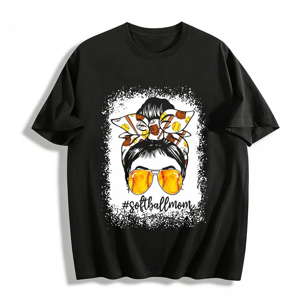 

Softball Mom Messy Bun Sunglasses Graphic Tee Casual Game Day Top Pure cotton T-shirt XXS