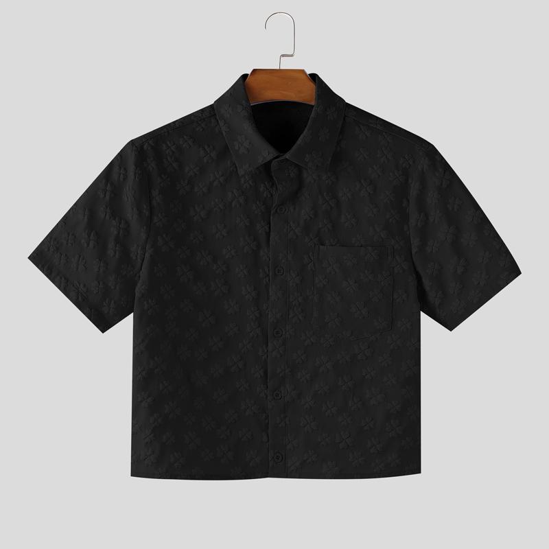

INCERUN Oversized Men Lapel Short Sleeve Texture Flowers Casual Cropped Shirts S