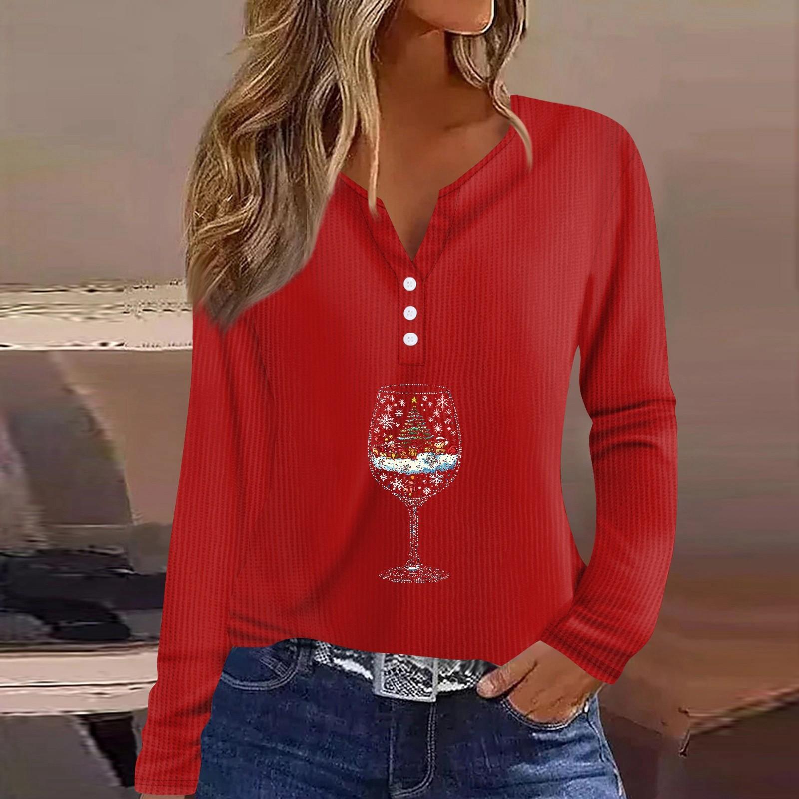 

Женская мода повседневная рождественская винная бокалная печать V-образный вырез рукав 3/4 пуговиц трикотажная толстовка с капюшоном обычный топ S жёлтый