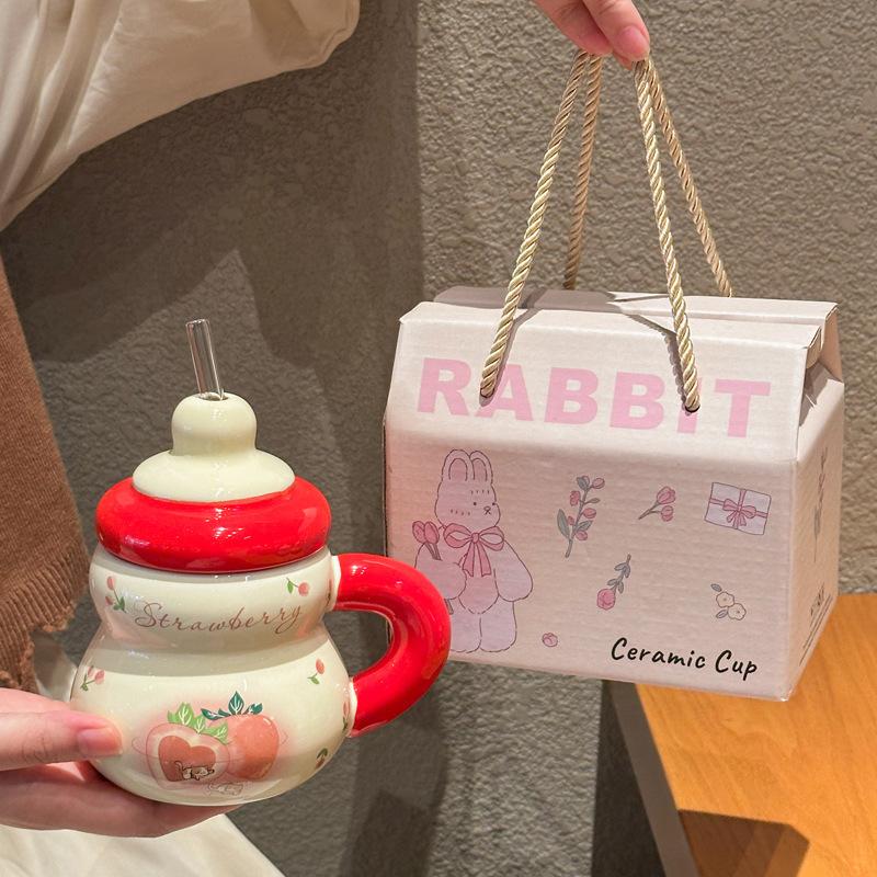 Super cute strawberry straw drinking cup for girls' birthday cup ceramic mug with lid girlfriend souvenir gift