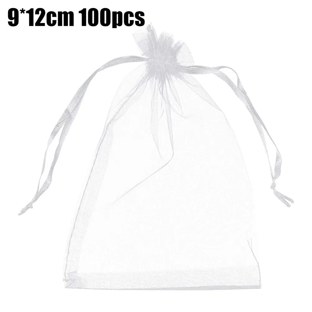 100Pcs White Organza Bags Jewelry Drawstring Pouches Wedding Party Christmas Candy Bags Jewelry Packing