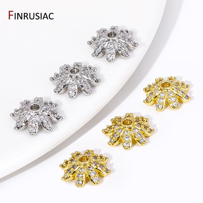 18K Gold Plated Brass Snowflake Bead End Caps,Inlaid Zircon Flower Bead Caps For DIY Bracelet Necklace Making Supplies Findings