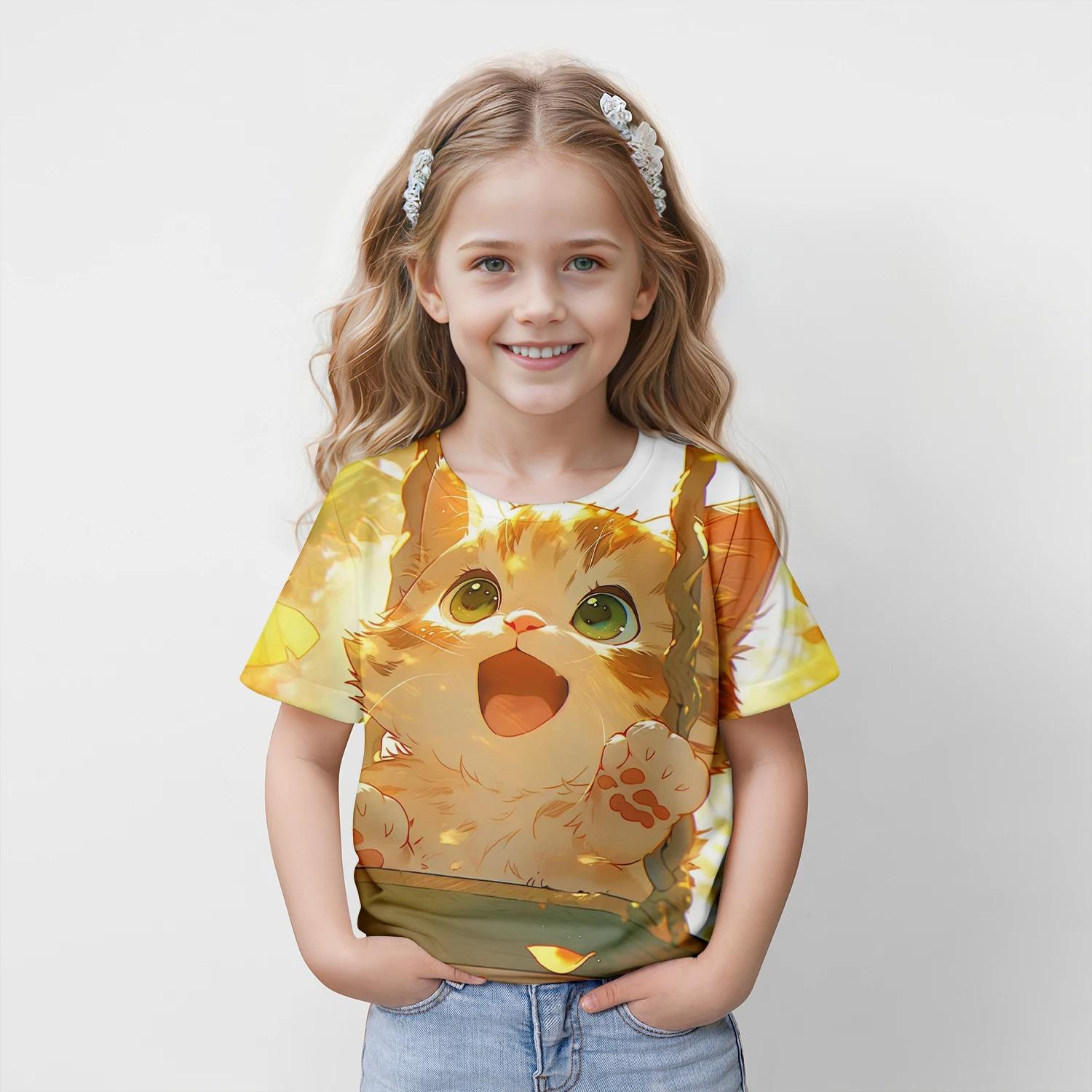 

Летняя детская футболка с 3D-принтом и милым мультяшным котом, модные топы, футболки, детская одежда с коротким рукавом для мальчиков и девочек, уличная одежда Hot Wheels 160CM