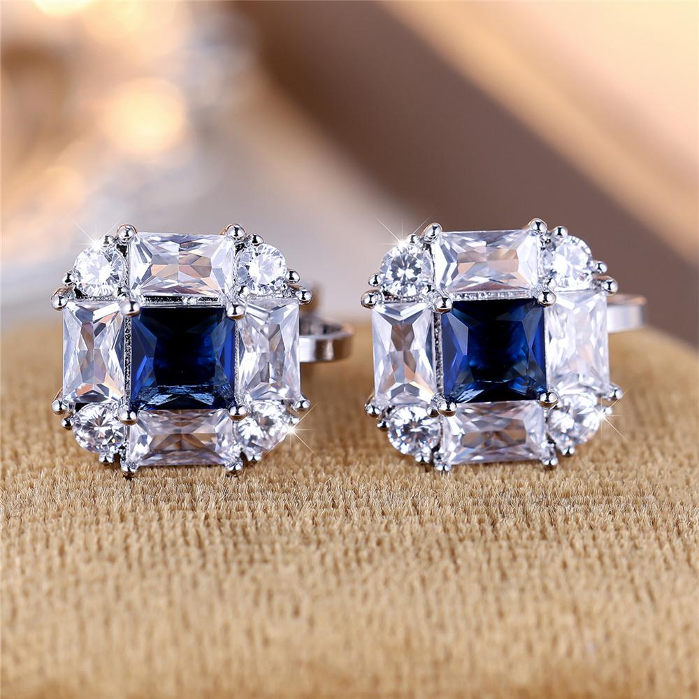 Cute Female Blue White Stone Clip Earrings Charm Silver Color White Zircon Stone Wedding Jewelry For Women