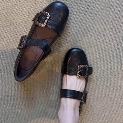 Spring Flat Shoes Women's Round Head Shallow Mouth Metal Buckle Soft Sole Non-slip Wear-resistant Single Shoes