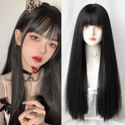Cosplay Uzun Düz Siyah Sentetik Peruk Kadınlar Için Patlama Ile Afro-Amerikan Lolita Günlük Parti Isıya Dayanıklı Fiber