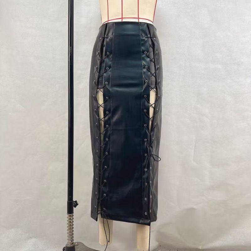 

Модный стиль Сексуальная Однотонная Юбка-футляр с разрезом и шнуровкой из ПУ-кожи Юбка из ПУ-кожи со шнуровкой Black M