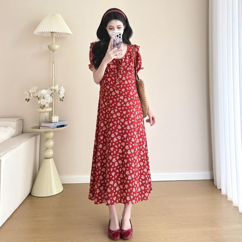 2026 Summer V-neck Ruffled Maternity Maxi Dress