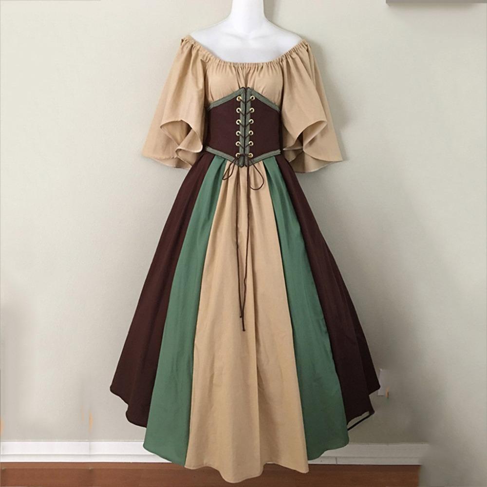 Women's Off‑Shoulder Half Sleeve Maxi Dress Loose Fit High Waist Vintage Renaissance Medieval Gown