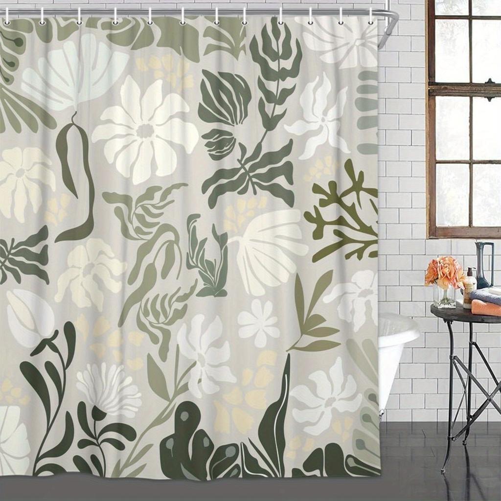 Boho Floral Botanical Shower Curtain - Mid Century Green Flowers & Leaves, Spring Summer Retro Aesthetic, All-Season Bath Decor