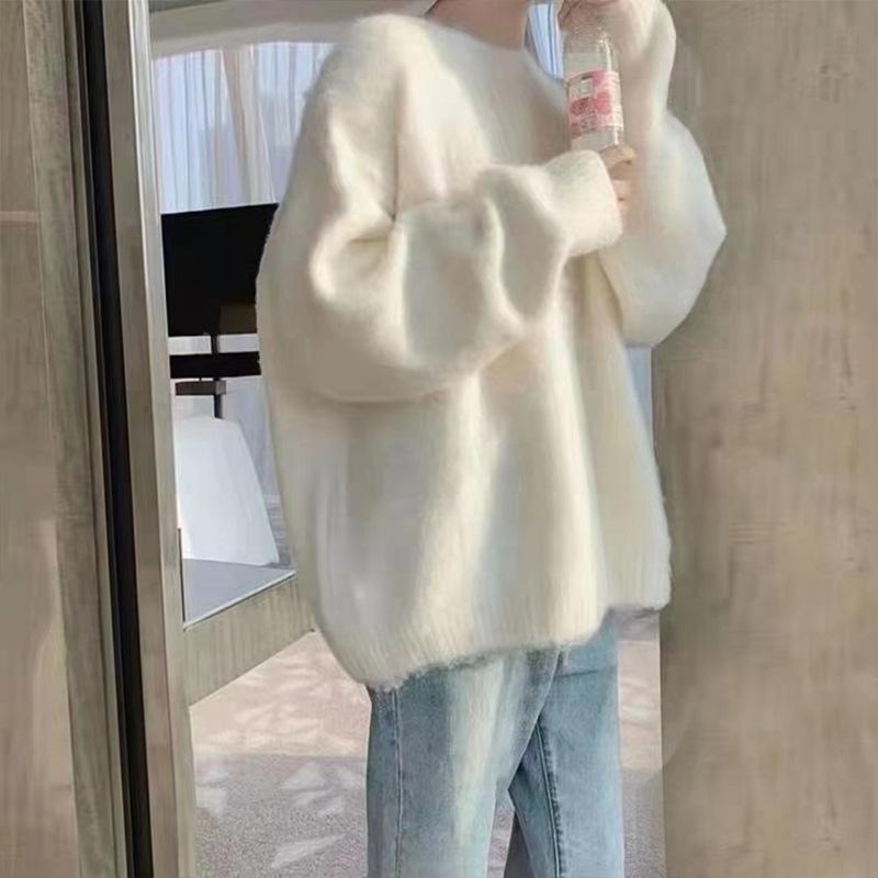 

Вязаный пуловер для женщин в стиле lazy, свободный и утолщенный, осенне-зимняя верхняя одежда, новая футболка с круглым вырезом для женщин One size