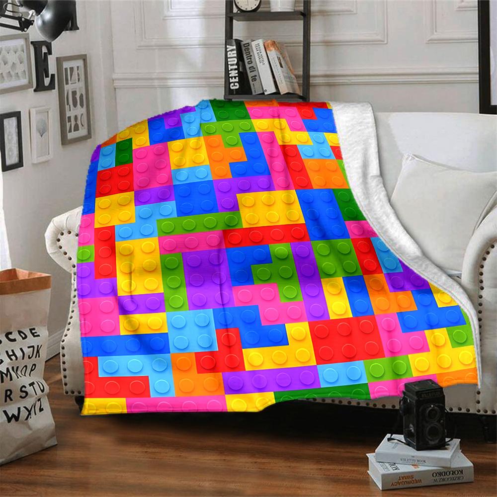 1pc Building Block Jigsaw Puzzle Blanket, Lightweight Flannel Throw Blanket for Sofa, Bed, Travel, Camping, Living Room, Office, Couch050