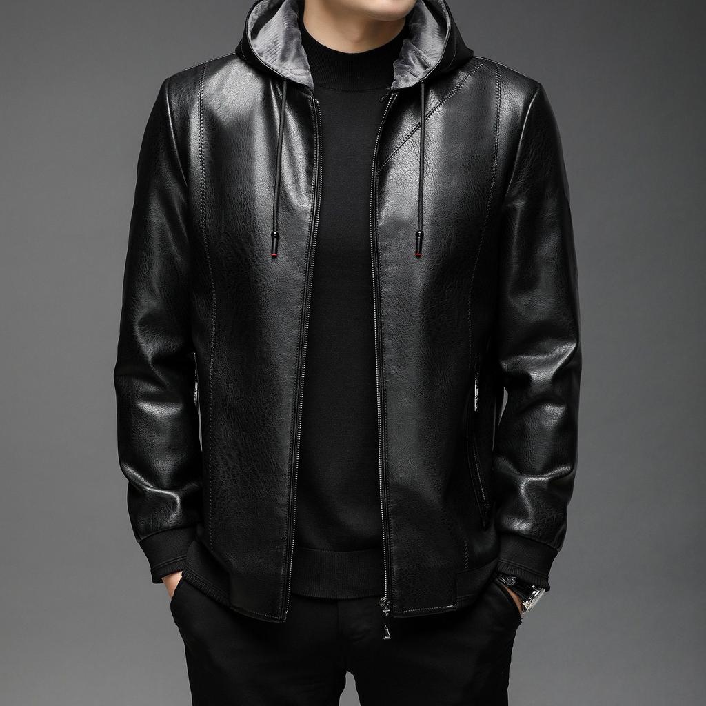Leather Jacket Men's Autumn and Winter New Men's Hooded Fleece Thickened Leather Jacket Men's Jacket Fashion Casual Leather Jacket