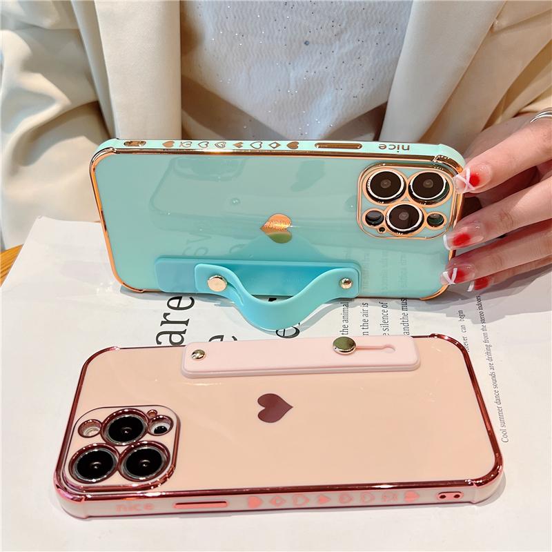 Korean Cute Electroplate Love Heart Wrist Strap Case For iPhone 14 13 Mini 12 11 Pro Max X XS XR 7 8 Plus Shokcproof Stand Cover