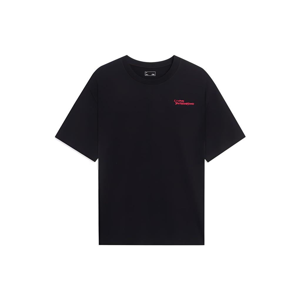 Li-Ning Skateboard Series Letter Print Loose Casual Short Sleeve Drop Shoulder T-Shirt Unisex T-Shirt Black AHST023-1