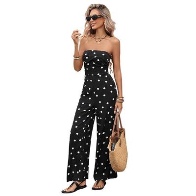 Womens Sexy Jumpsuits Polka Dot Tube Top Wide Leg Pants Vacation Jumpsuits Going Out