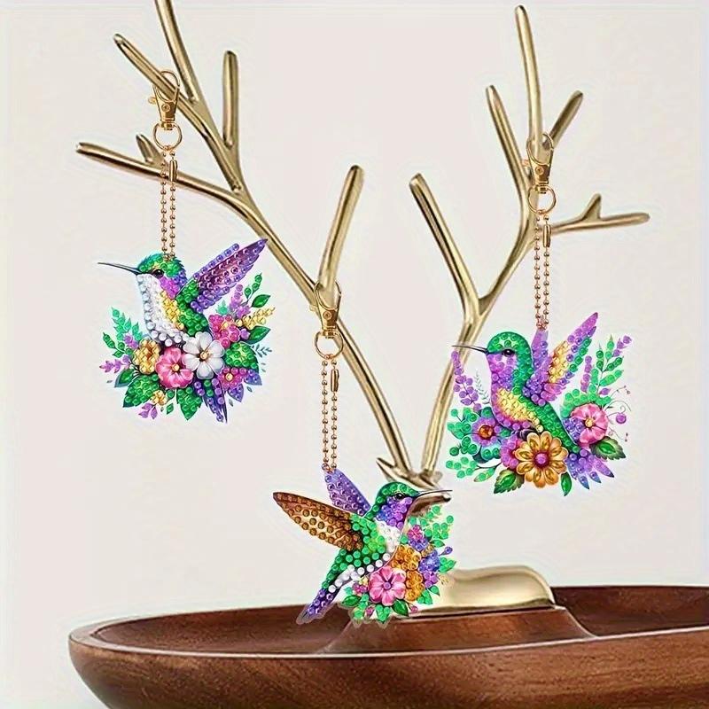 6Pcs Colorful Bird Double-Sided Rhinestone Acrylic Diamond Painting Set DIY Keychain