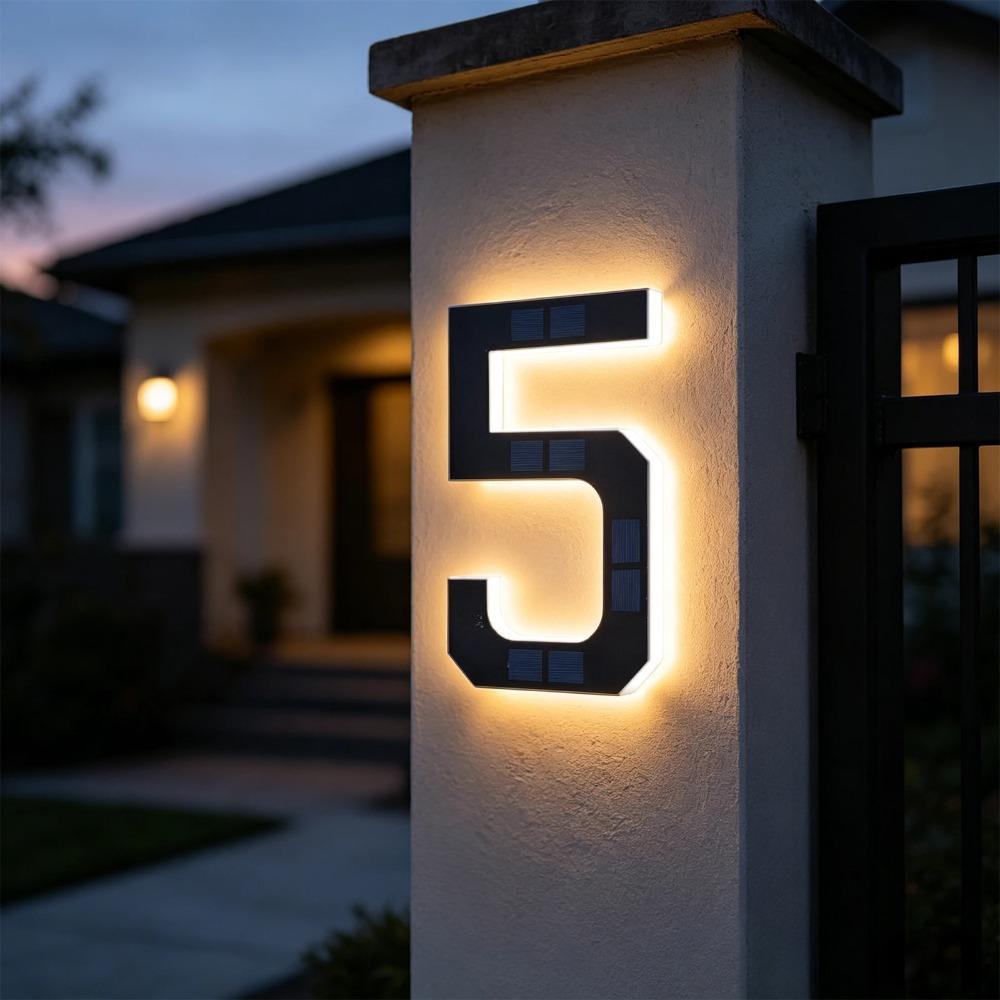 LED Solar House Number Light, IP44 Waterproof Outdoor Glowing Address Signs, Illuminated Address Plaque for Home Hotel Office