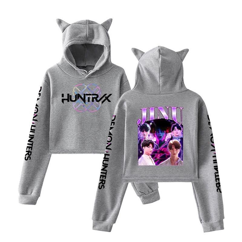 Kpop Demon Hunters Crop Tops Cat Ears Sweatshirt Long Sleeve Girls Fashion Hoodie Autumn Winter