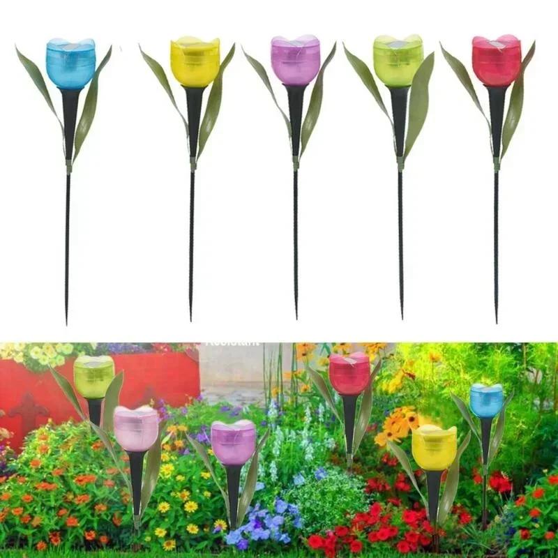 Garden Decoration Supplies Tulip Flower Shape LED Solar Powered Waterproof Tube Lawn Lights Standing Decor for Yard Outdoor