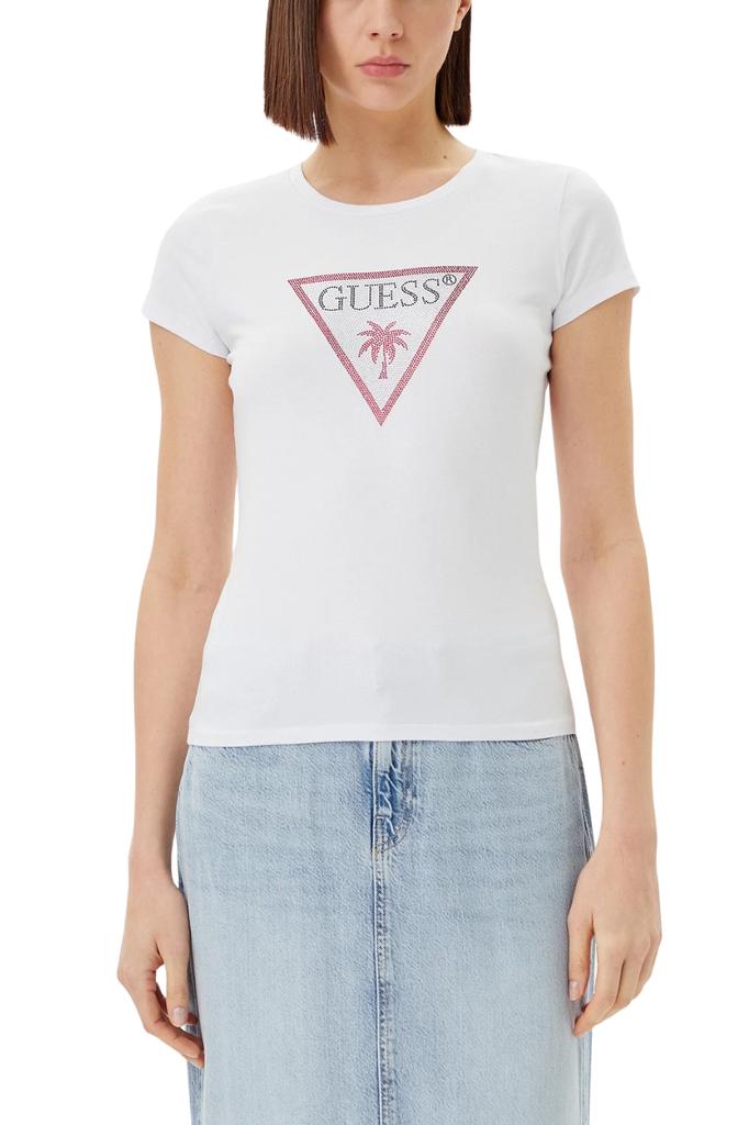 Guess Biały Damski T-Shirt Z Logo Z Cyrkoniami Triangle Rhinestones L