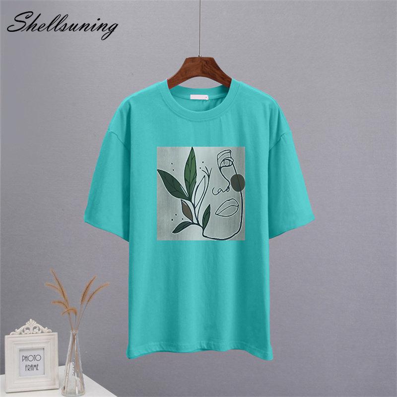 Shellsuning Abstract Character Graphic T Shirts Women Summer Soft Cotton Short Sleeve Tees Female Harajuku Chic Streetwear Tops