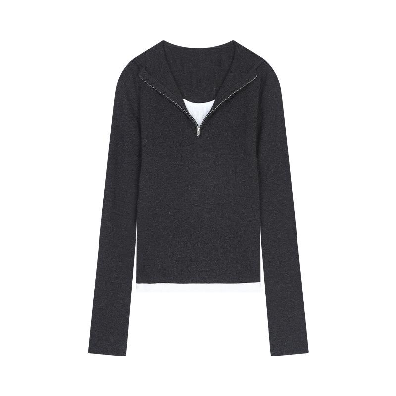 

Вязаный свитер колор-блок Магнолия с застежкой-молнией на горловине - Коллекция Осень 2025