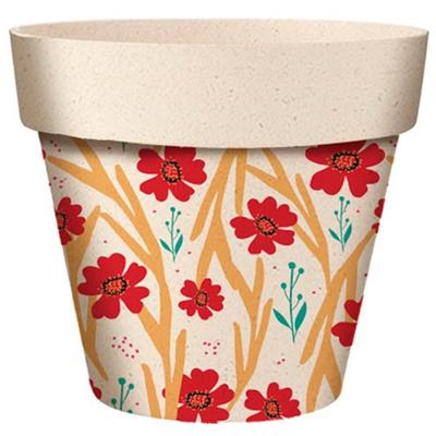 [A2062] - Bamboo Plant Pot 'Flowers' Red Beige - 14x12 Cm