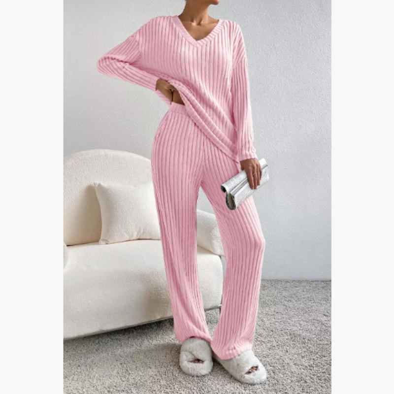 Casual 2-Piece Set with Long-Sleeved V-Neck Top and Striped Trousers