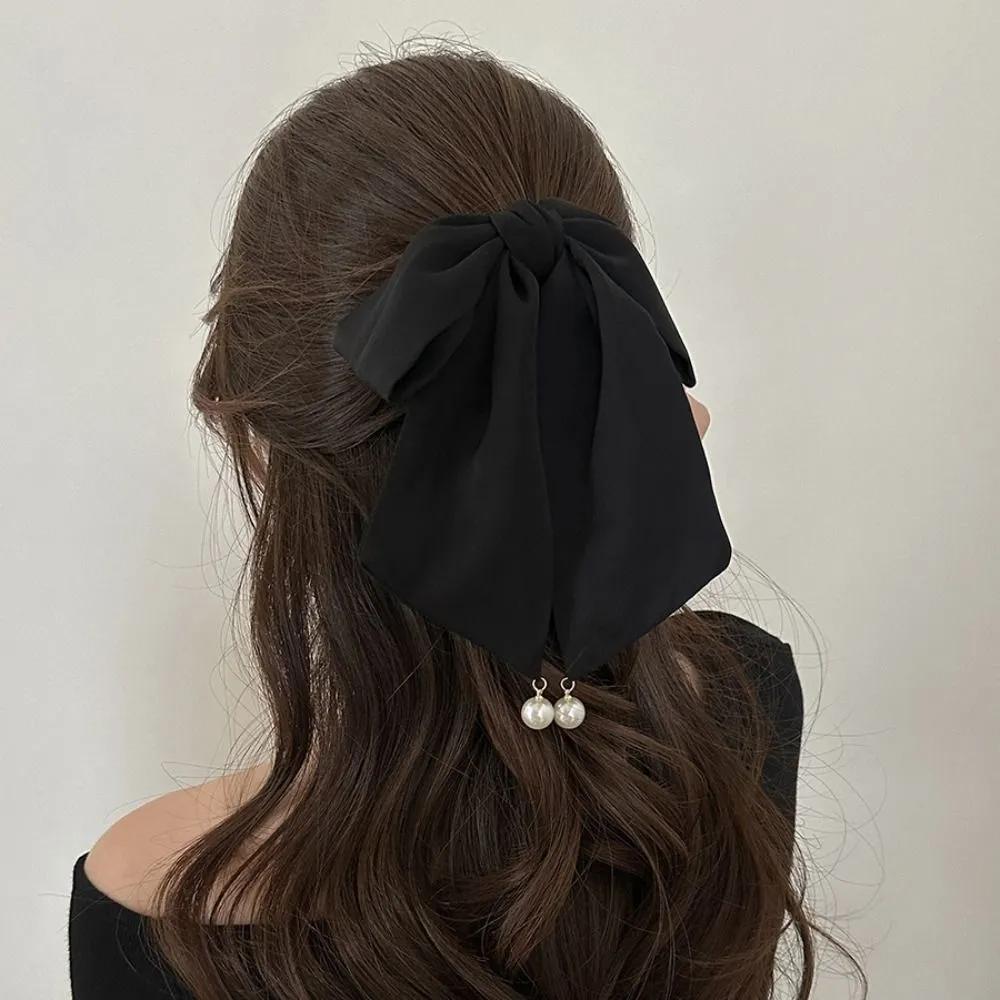 Satin Pearl Ribbon Hairpin / Large Chiffon Pearl Ponytail Half-Up Clip