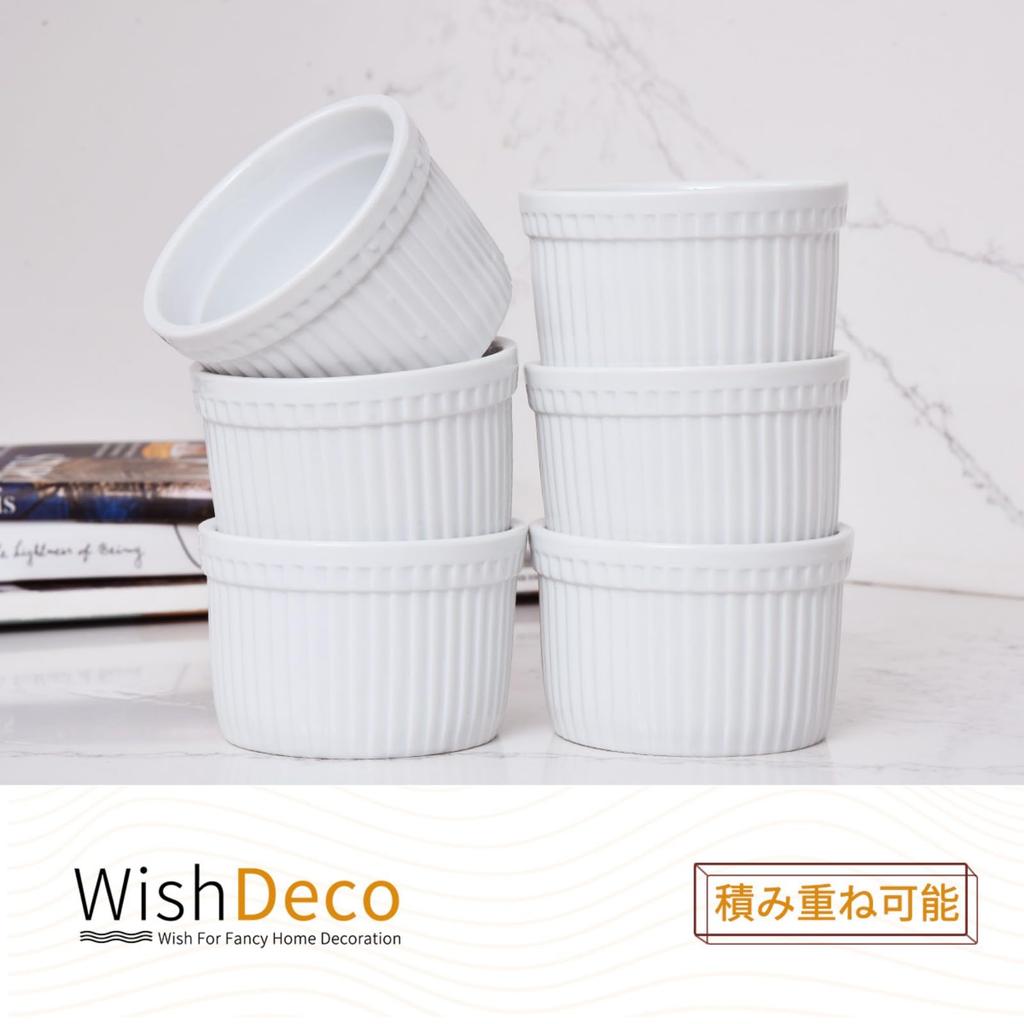 WishDeco Cocotte Soufflé Dish Set of 6, 200ml, Heat Resistant, White, Small Dish, Approx. 9cm Diameter x 5.7cm Height, Microwave, Dishwasher, and Oven