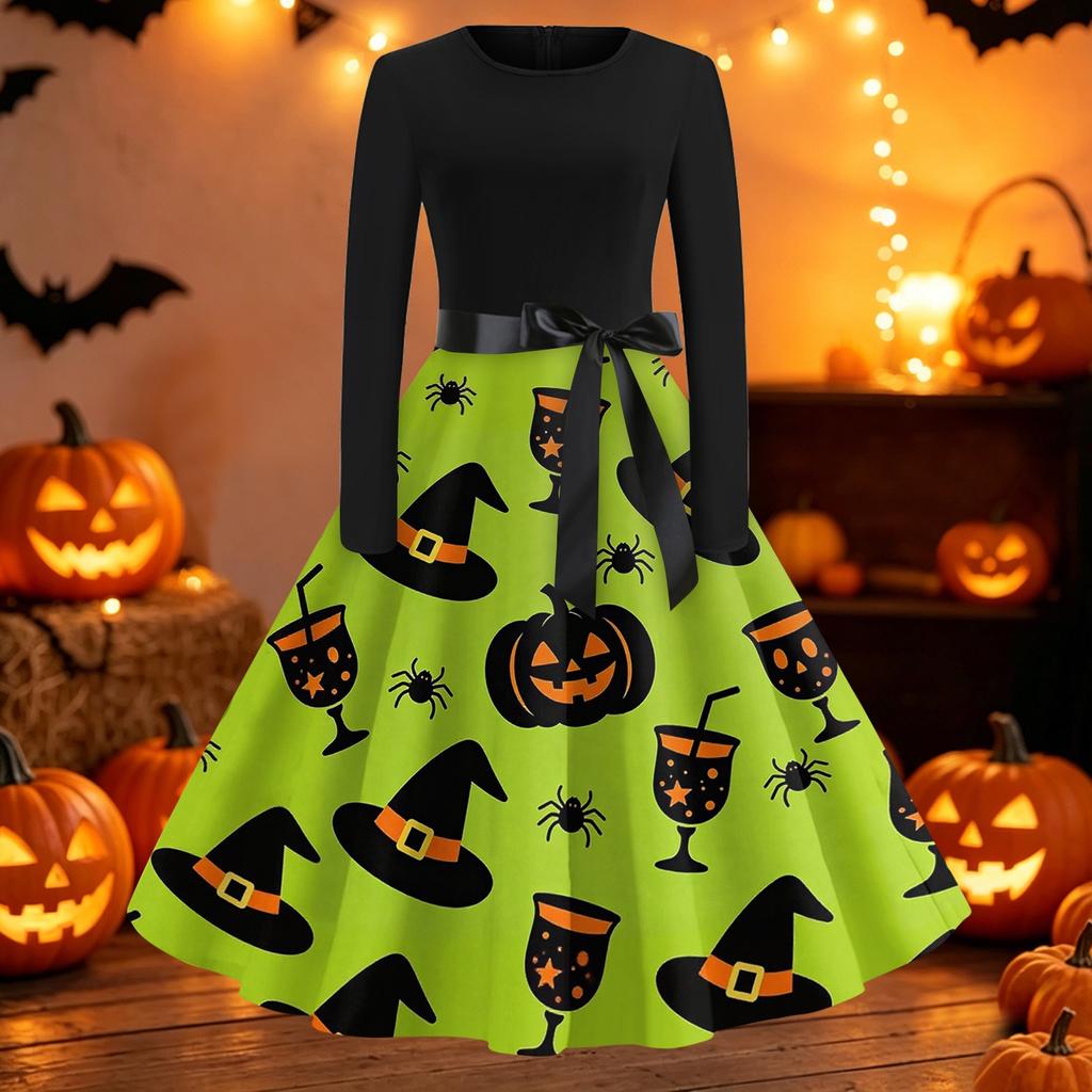 Women's Casual Long Sleeve Dress Halloween Printed Flared Skirt Round Neck Slim Fit Vintage Style Midi Dress with Waist Tie