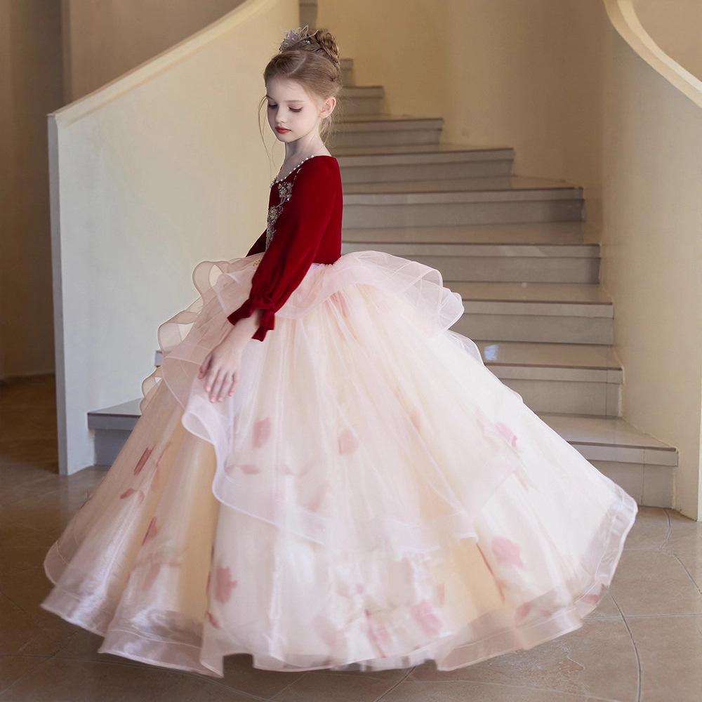 Vestido de Noche Burdeos de Tul Abullonado para Niñas – Lujoso Disfraz de Princesa para Actuación de Piano