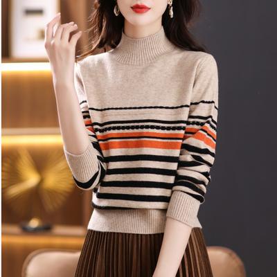 Gestreept Halfhoge Kraag Trui voor Dames Herfst Winter Pullover Top Jacquard Gebreide Basis Truien Trendy