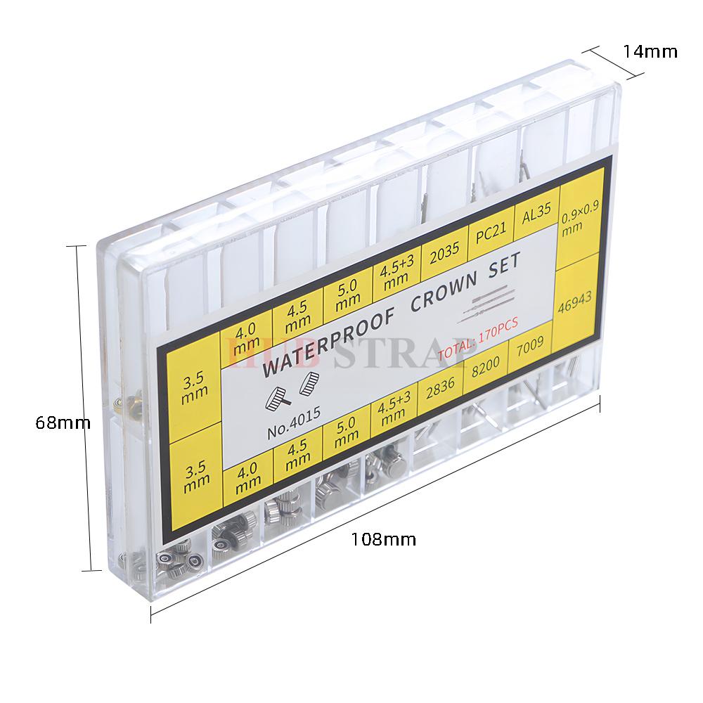 170 szt./pudełko Części Koronki Zegarka Zestawy Narzędzi do Naprawy z Pudełkiem Zamienne Etui Trzpień Koronki Różne Kopułowe Płaskie Główki Akcesoria Zegarkowe