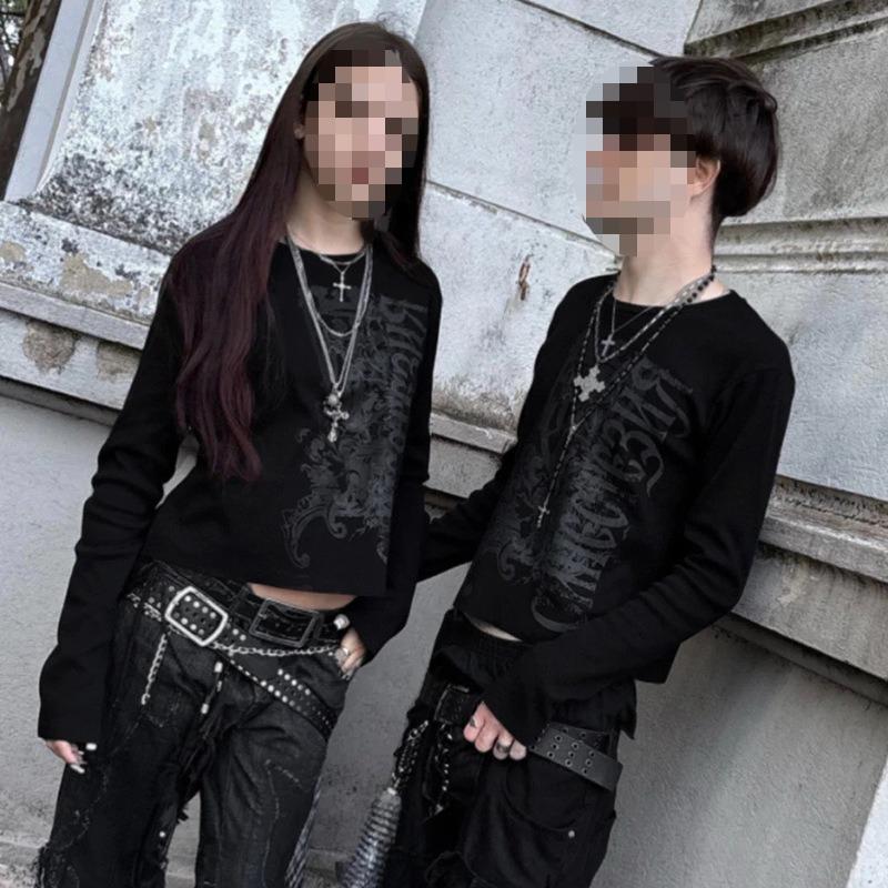 Europäisches und amerikanisches Y2K personalisiertes dunkles bedrucktes Rundhals-Langarm-Retro-Streetwear-Trend-Oberteil