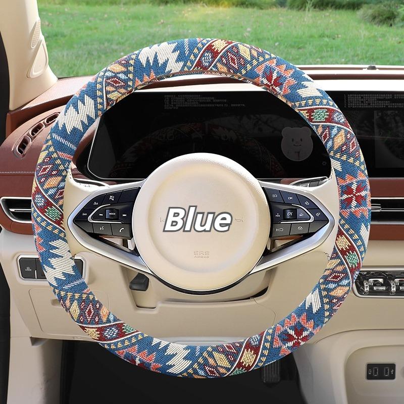 Breathable Linen-Feel Steering Wheel Cover, Oriental Ethnic Pattern for 14.5-15 Inch Wheel, Comfort Grip All-Season