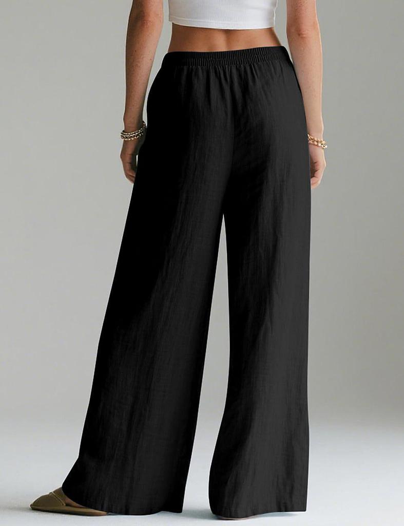 Women's Flowy Linen Wide-Leg Pants - Summer Beach Travel Wear with Elastic Waist & Pockets