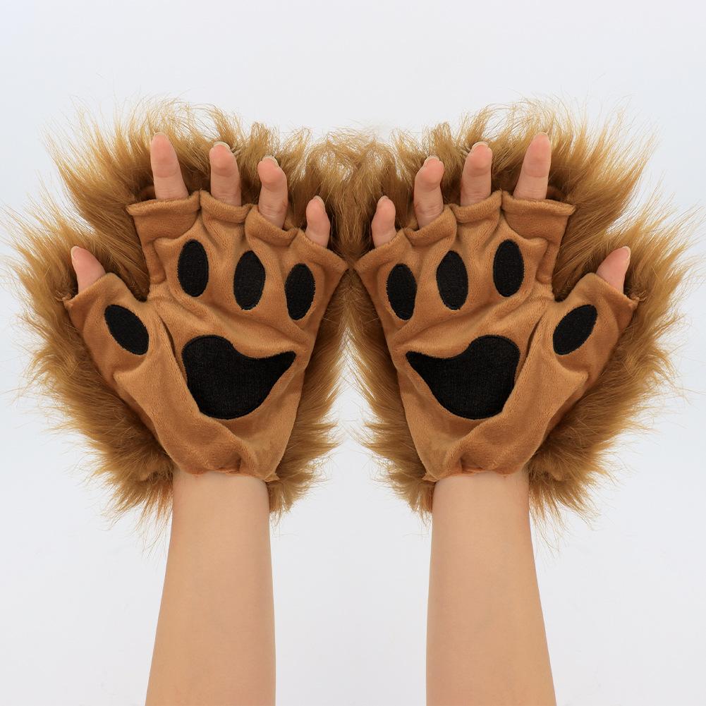 Furry Half Finger Animal Paw Gloves, Plush Cat Wolf Paw Gloves, Fursuit Cosplay Costume Gloves for Halloween Party Dress Up