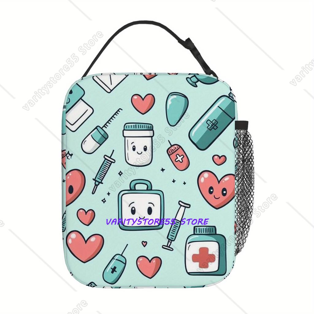 Cute Medical Print Lunch Box Reusable Oxford Bento Tote Bag Portable Thermal Lunch Bag for Adults Kids Work School Picnic