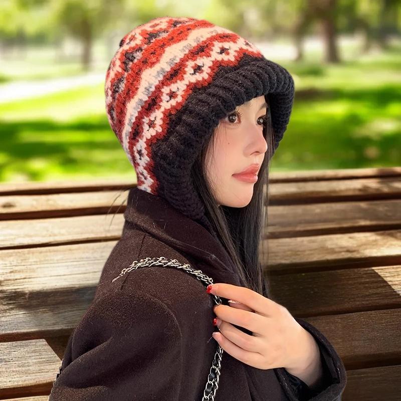Fair Isle Style Knitted Hat For Women Retro Dual-Use Bag Hat Warm Wool Hat Earmuffs