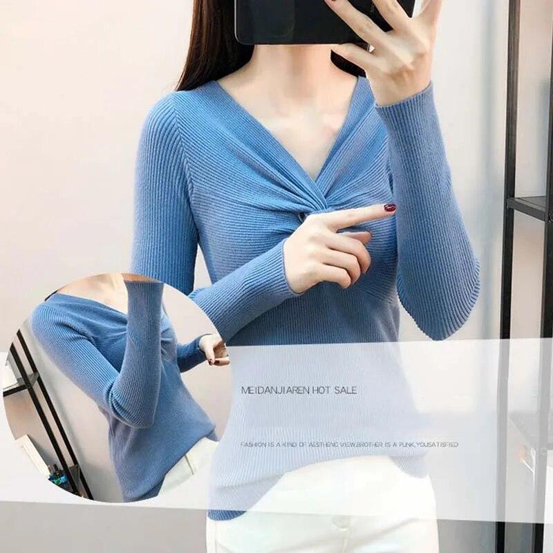 Pullover mit V-Ausschnitt für Damen, schmale Passform, kurzes Oberteil, Pull-Pullover, Strickpullover, solide Langarm-Damen, Frühling und Herbst