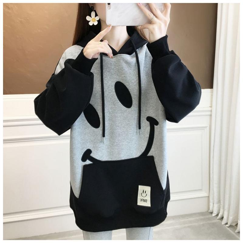 Women's Velvet Thickened Loose Hooded Sweatshirt for  Autumn and Winter  New Big Smile Couple Wear Long Sleeves