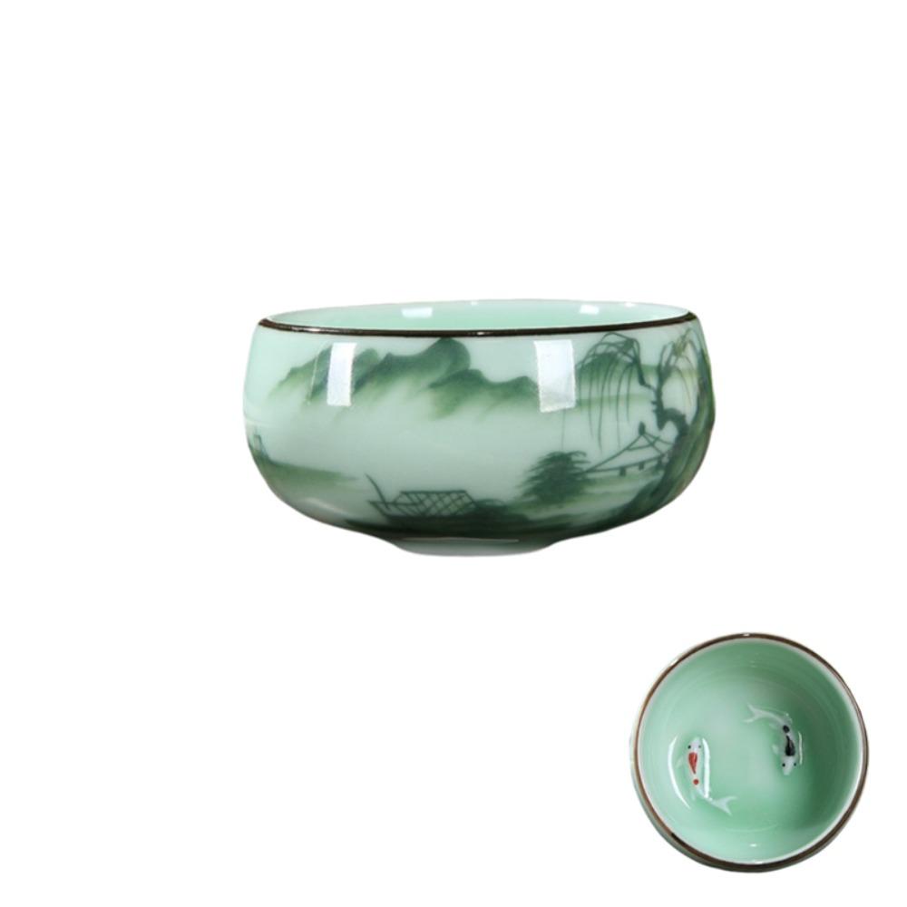 Hand-painted Landscape Pattern Chinese Traditional Celadon Teacup Tea Bowl Tea Room Mountain