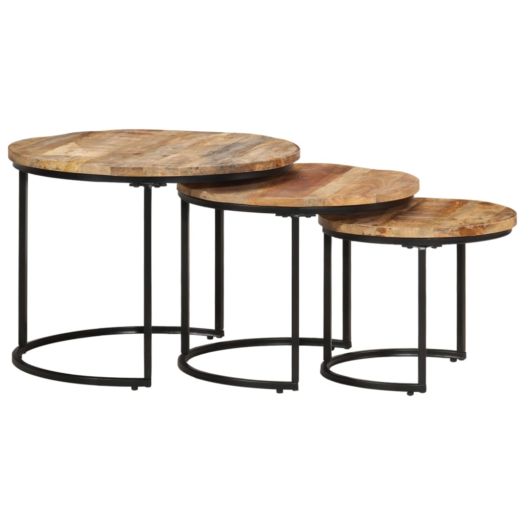 Set of 3 Side Tables Raw Mango Wood